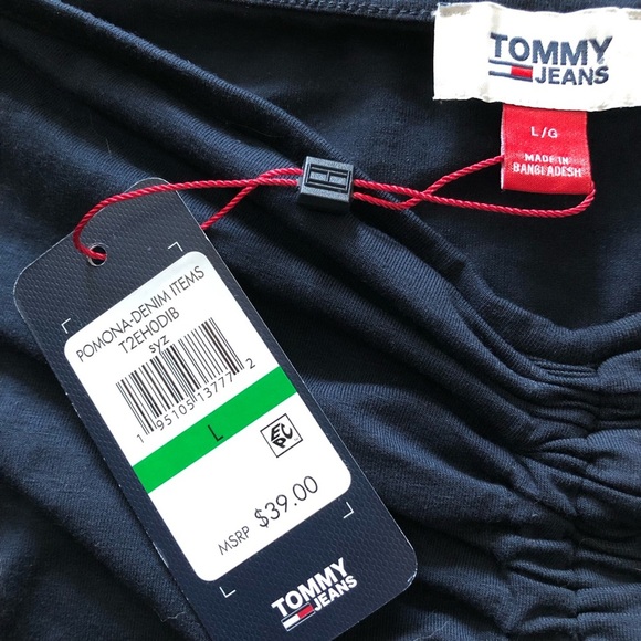 NWT Tommy Jeans Ruched Crop Top with Logo Strings in Navy Size L - Picture 4 of 10